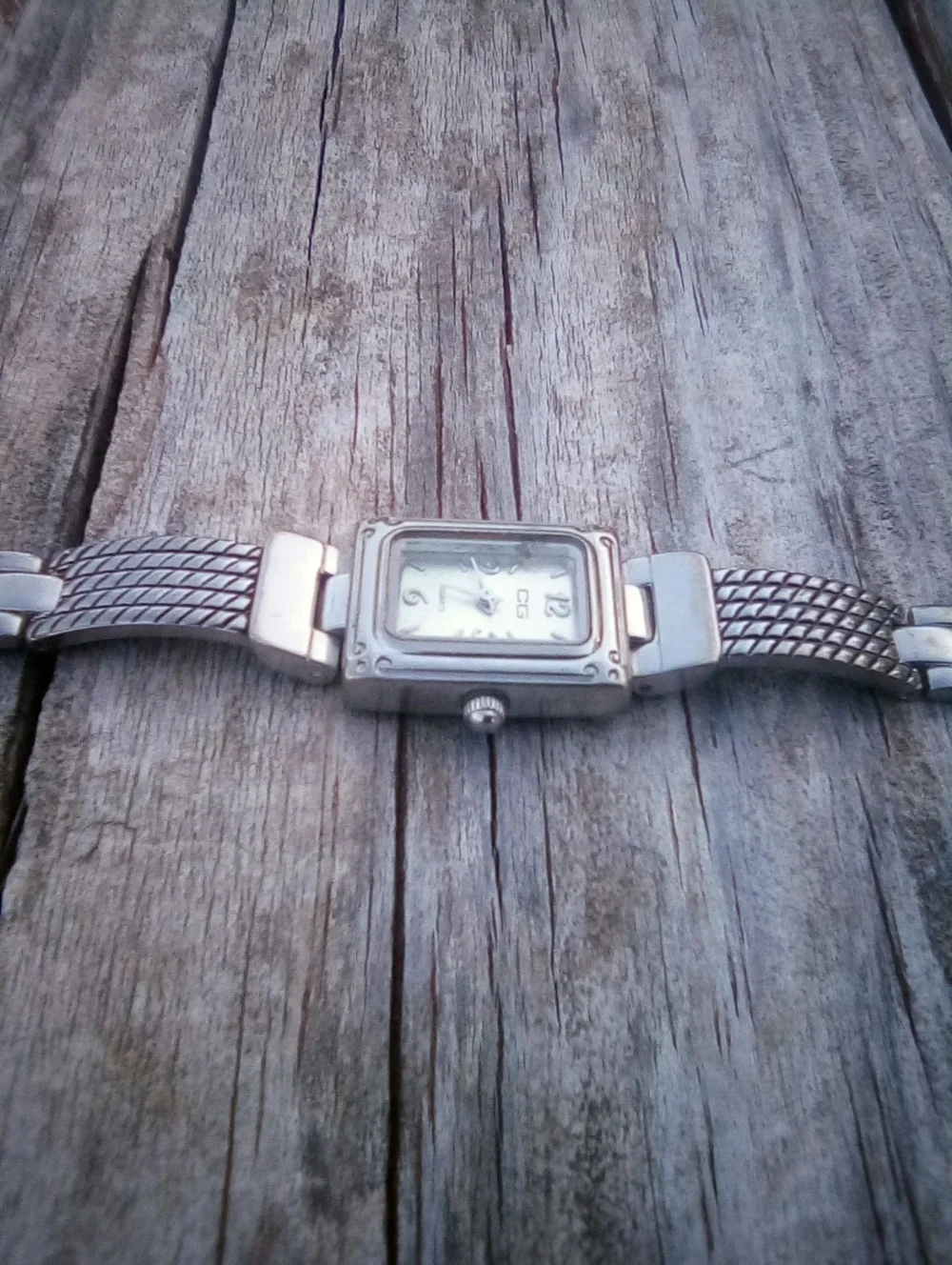 Vintage CG Quartz Watch Silver Tone Square White Dial Link Bracelet 7 In